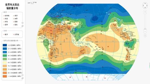 世界年太阳总辐射量分布