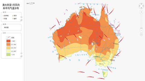 澳大利亚1月风向和平均气温分布