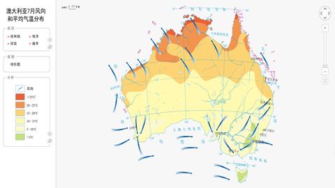 澳大利亚7月风向和平均气温分布
