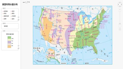 美国年降水量分布