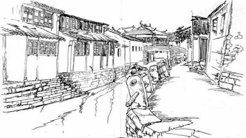 图片《手绘线条图像——物象空间的表达》图片：古镇一角